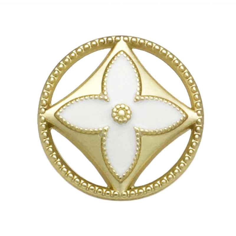 Gold shank clover button, four-leaf design with white enamel center, 20pcs