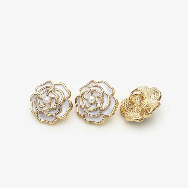 3D Rose metal shank buttons: two white fronts with pearl; one gold back view