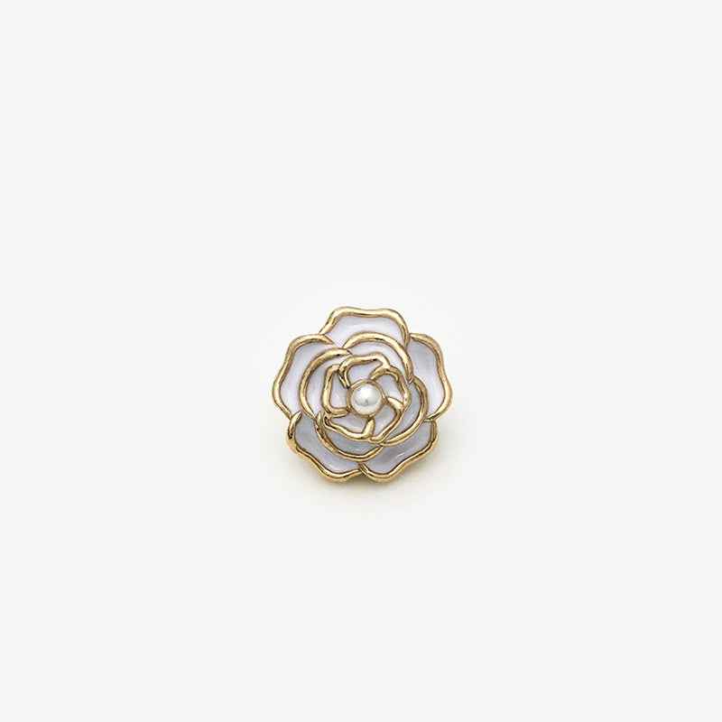 15mm 3D Rose metal shank button, white petals, pearl center, gold rim