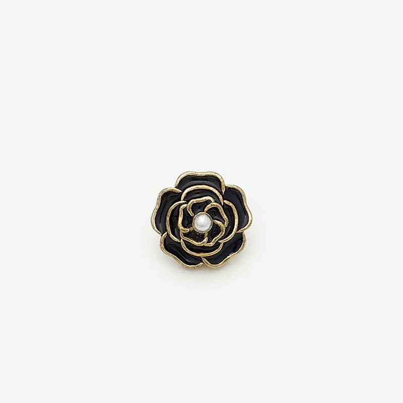 15mm 3D Rose metal shank button, white petals, pearl center, gold rim