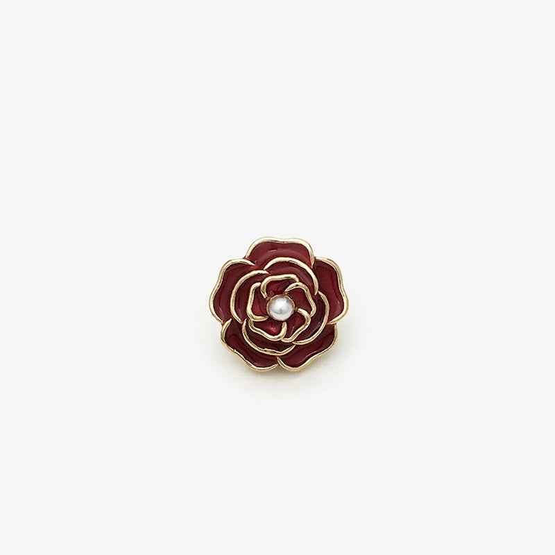 3D Rose metal shank button, red petals, pearl center, gold border