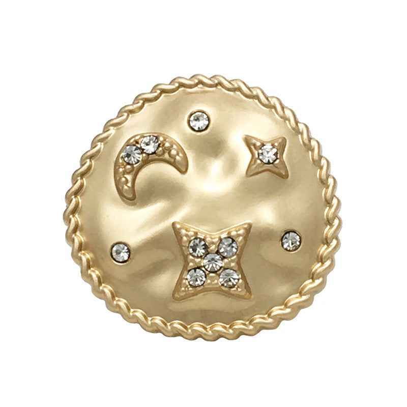 Goldfarbene Zierknöpfe mit Stern-, Mond- und Strass-Applikationen, Metall-Schaft