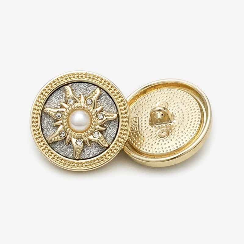 Gold round sun pearl button with faux pearl center and rhinestone pattern, shank back