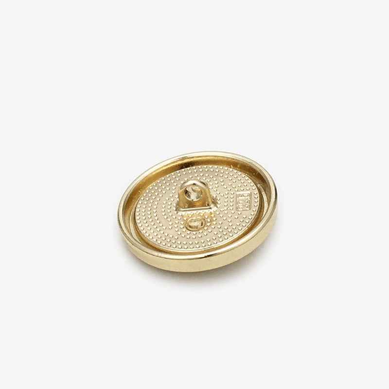 Round gold button with sun motif, faux pearl center, rhinestone accents, metal shank