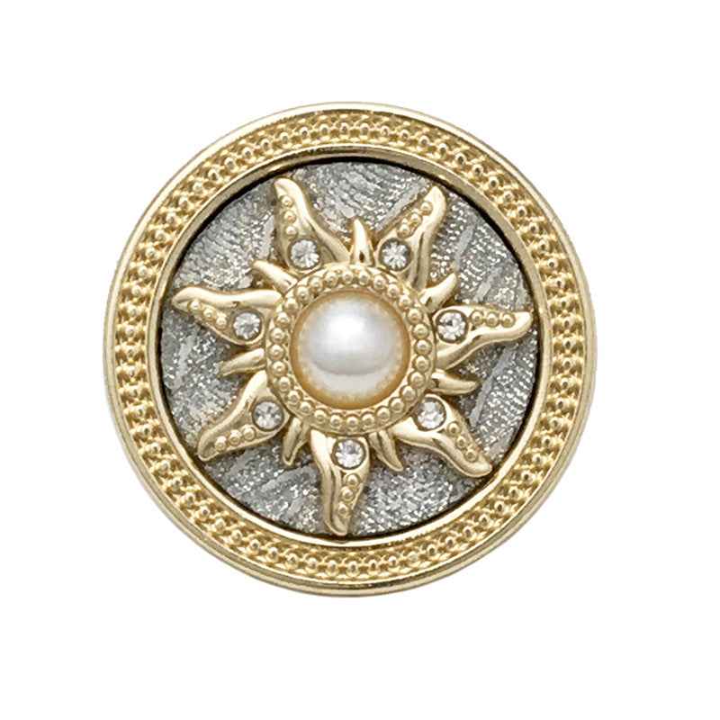 Round gold button with sun motif, faux pearl center, rhinestone accents, metal shank