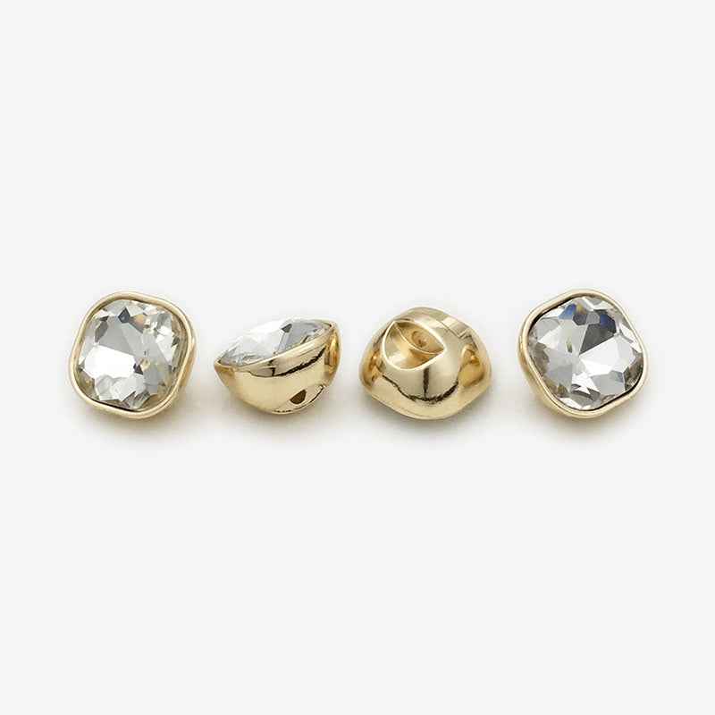 Square rhinestone buttons, clear white stone, gold-tone metal, 20 pcs