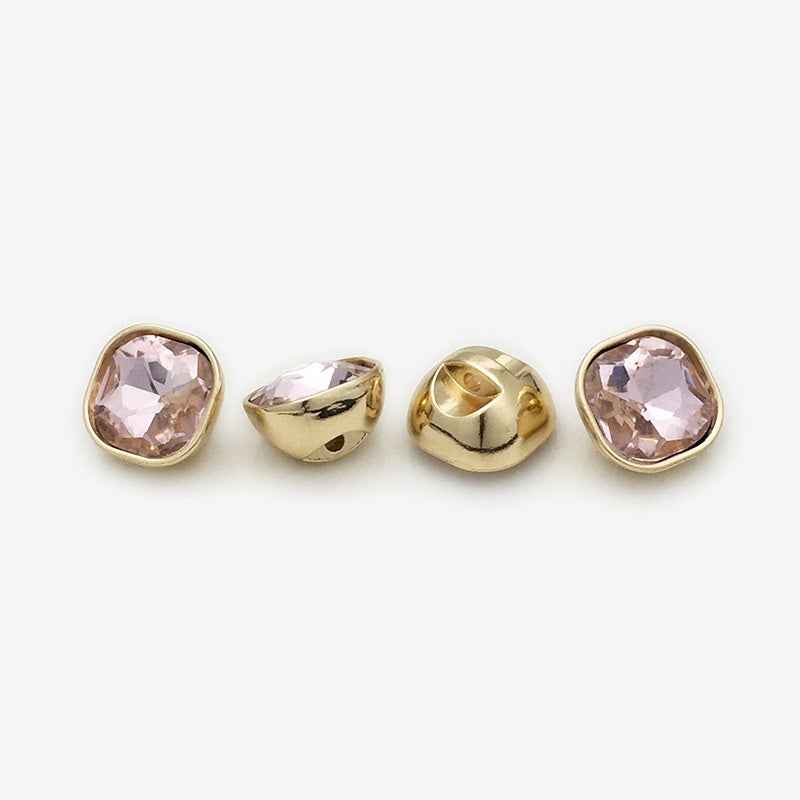 Square rhinestone buttons, clear white stone, gold-tone metal, 20 pcs