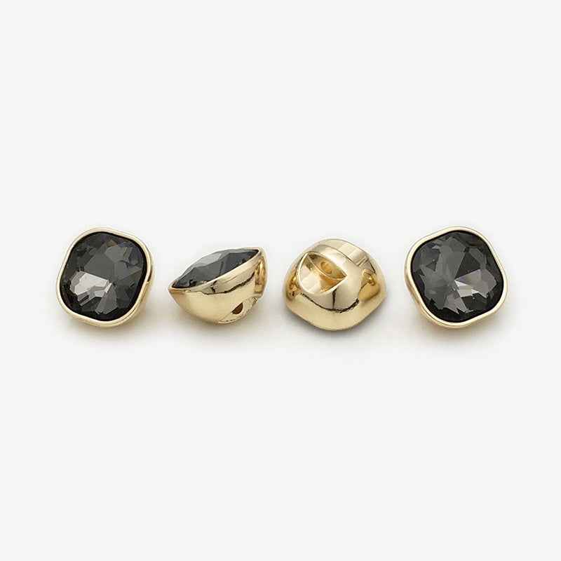 Square rhinestone buttons, dark gray-black stone, gold-tone metal, 20 pcs