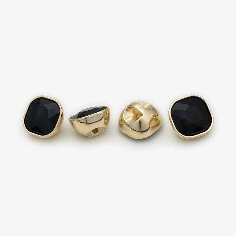 Square rhinestone buttons, black stone, gold-tone metal, 20 pcs