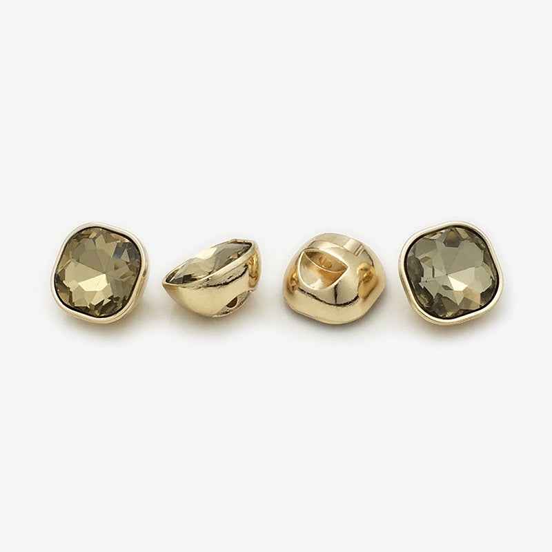 Square rhinestone buttons, champagne-gold stone, gold-tone metal, 20 pcs
