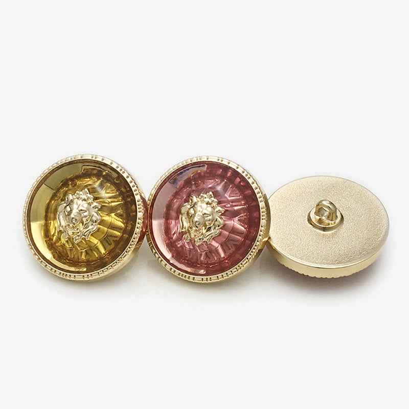Lion-head front buttons with back button shown: gold-yellow and red transparent resin