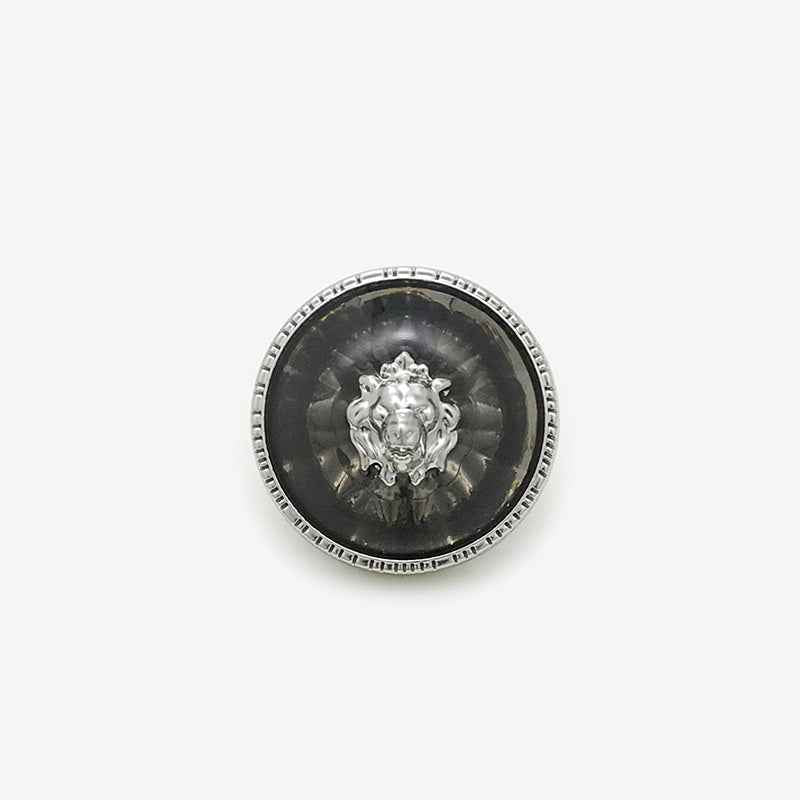 Black transparent resin lion-head round metal shank button, silver-tone rim