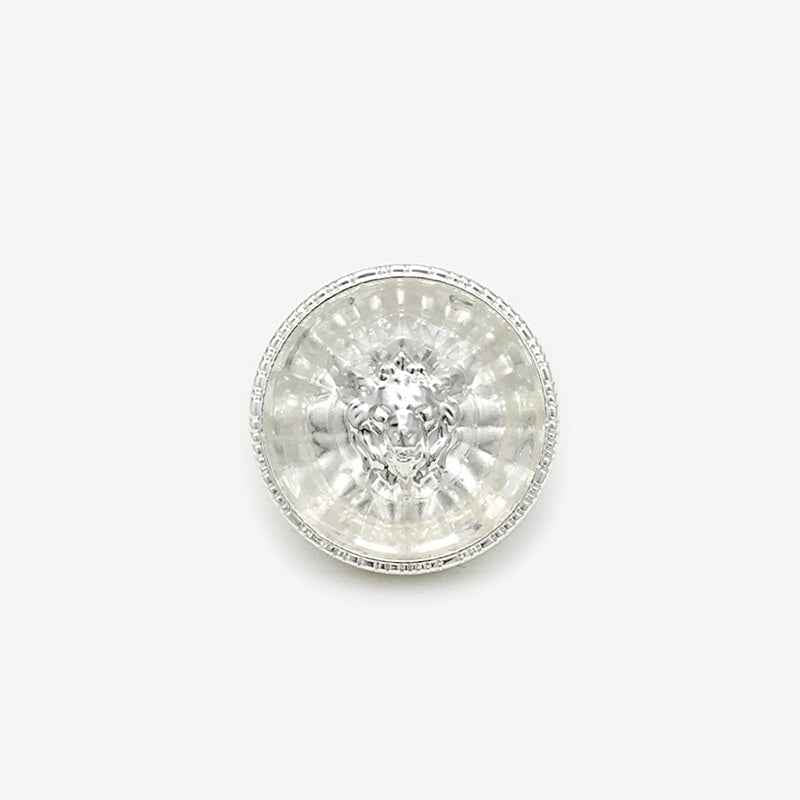 Clear/white transparent resin lion-head round metal shank button, silver-tone rim
