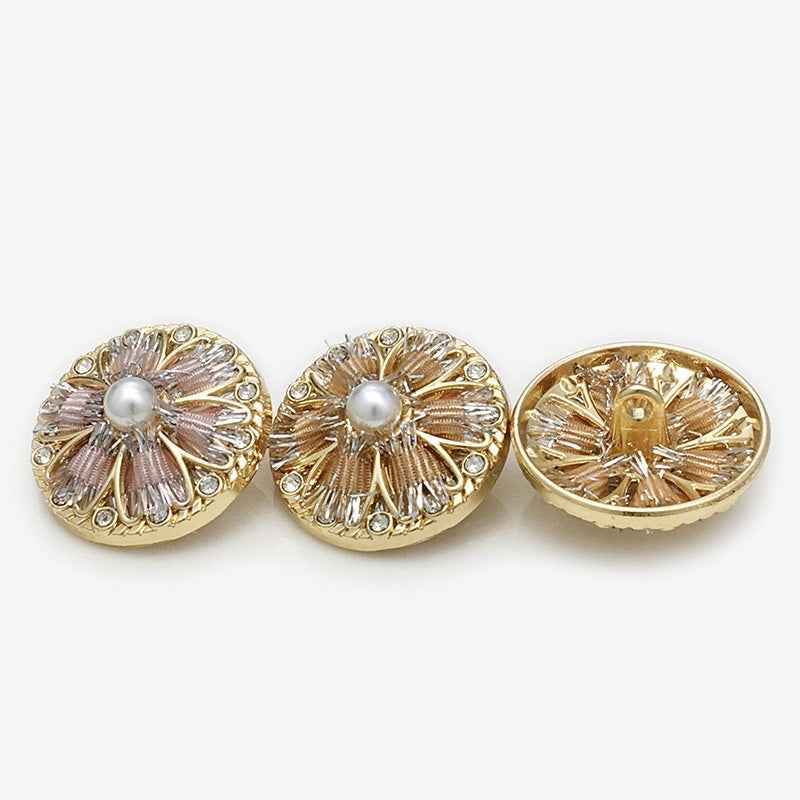 Set of buttons: pink floral with pearl, champagne floral with pearl, and gold-tone back