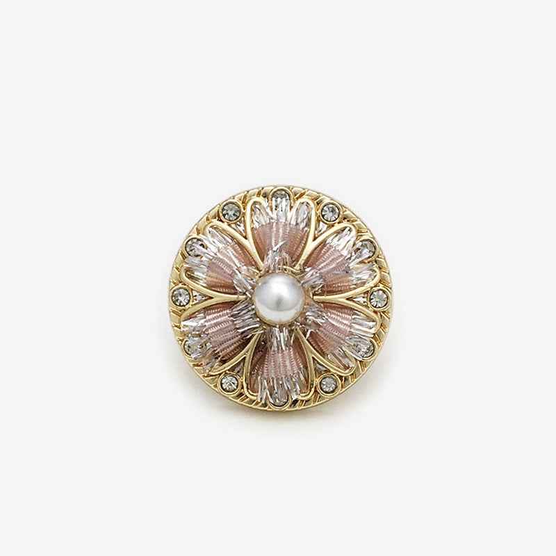 Hand-knitted floral shank button, champagne gold pearl with rhinestone accents