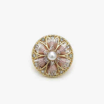 Hand-knitted floral shank button, champagne gold pearl with rhinestone accents