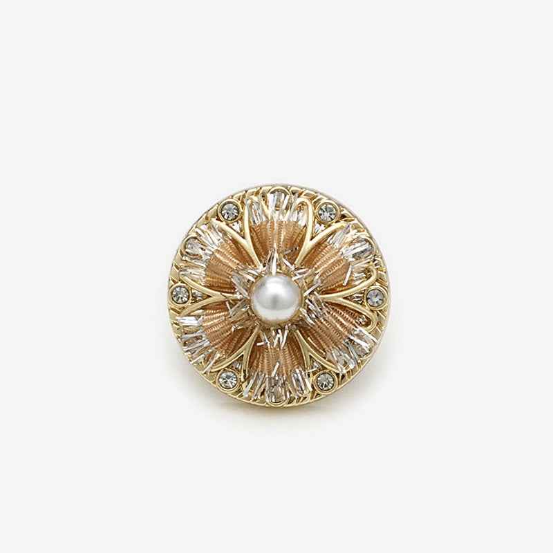 Hand-knitted floral shank button, champagne gold pearl with rhinestone accents
