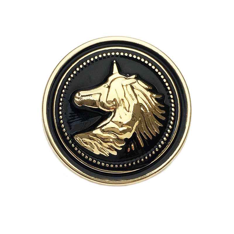 Round horse head metal shank button with black center and gold rim