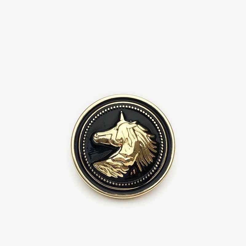 Round horse head metal shank button, gold design on black enamel background