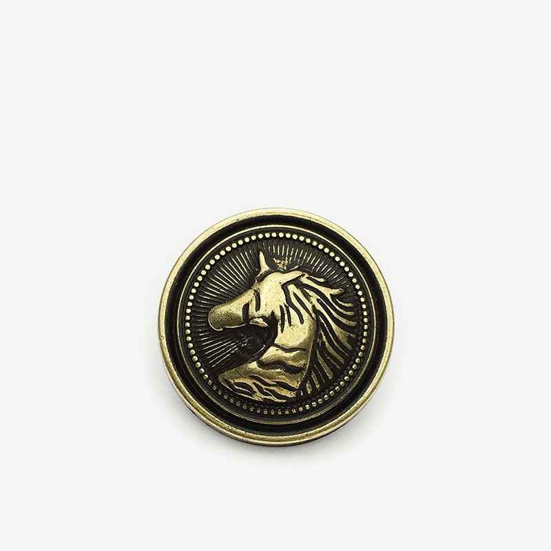 Round horse head metal shank button, gold design on black enamel background