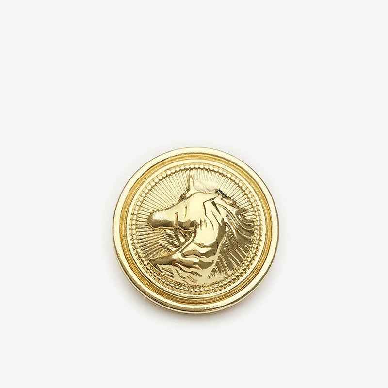 Gold round horse head metal shank button, fully gold-tone design