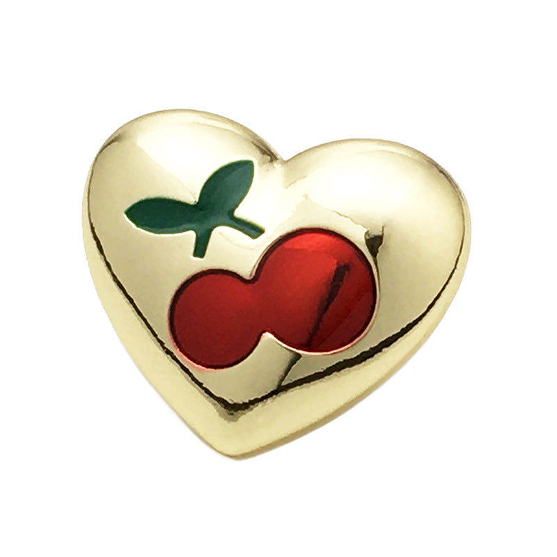 20mm cherry heart button, glossy red fruit, green leaf, gold backplate