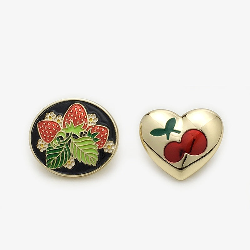 Strawberry (22mm) and cherry (20mm) heart buttons, red fruit with gold trim