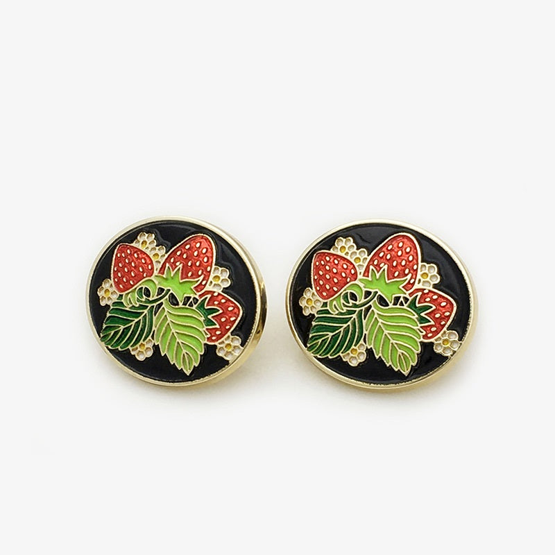 22mm strawberry red metal button, black enamel, green leaves, gold rim