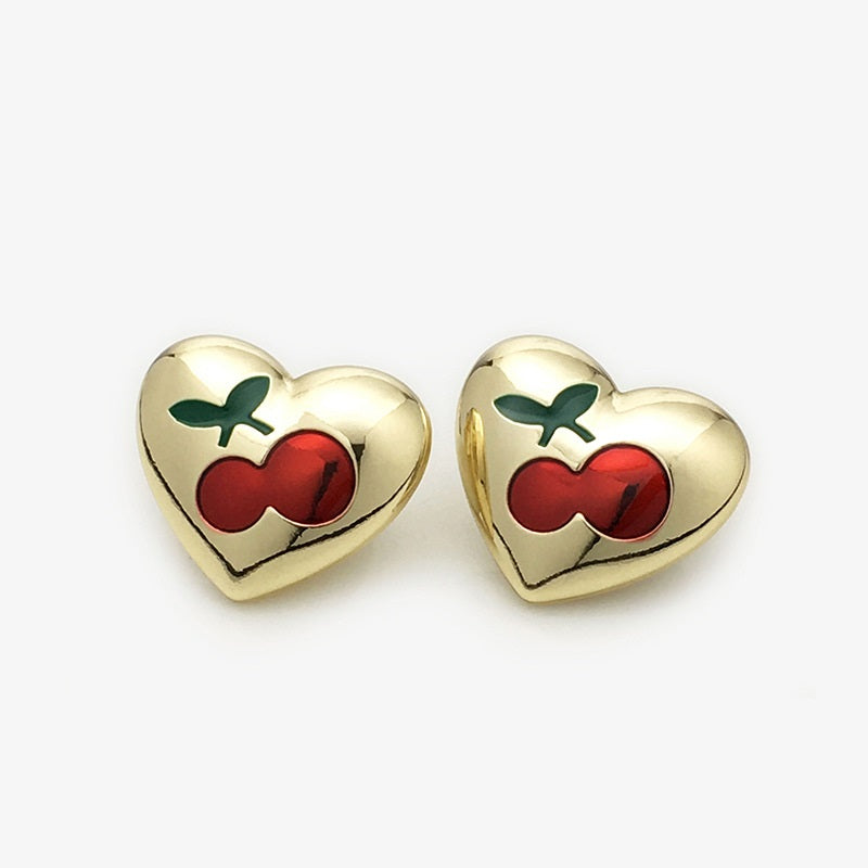 22mm strawberry red metal button, black enamel, green leaves, gold rim