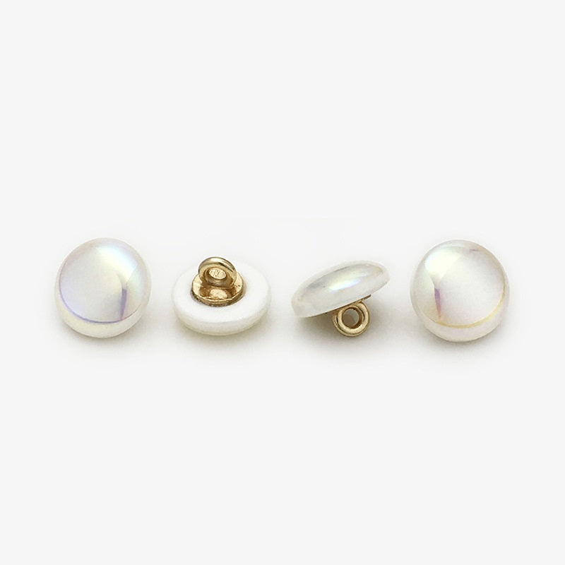 Round 11mm resin buttons, white with laser pearl sheen, gold shank backs shown