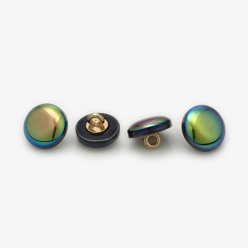 Round 11mm resin buttons, white with laser pearl sheen, gold shank backs shown
