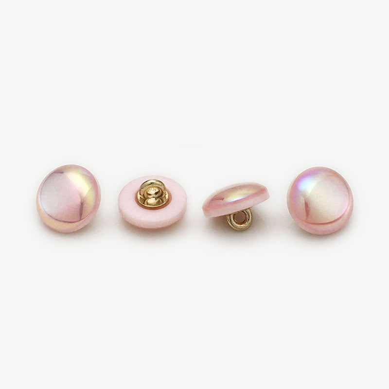 Round 11mm resin buttons, pink-lavender laser pearl sheen with gold shank backs shown