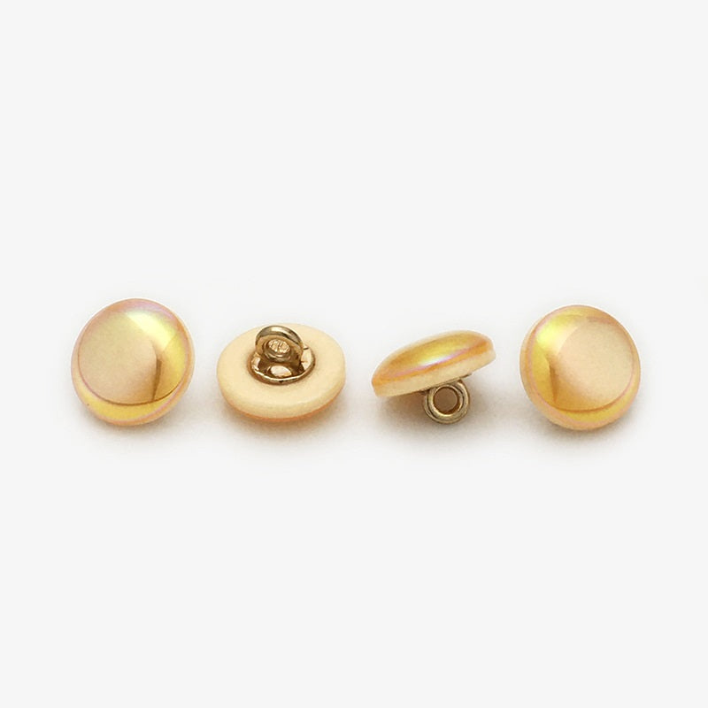 Round 11mm resin buttons, gold-beige iridescent laser pearl finish, gold shank backs