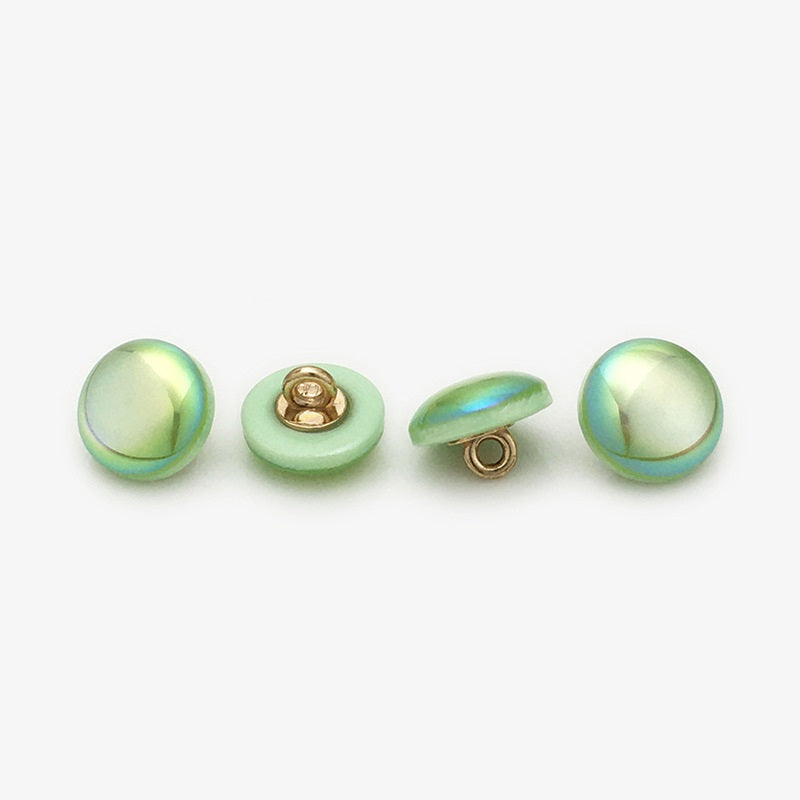 Round 11mm resin buttons, green laser pearl sheen with gold shank backs shown