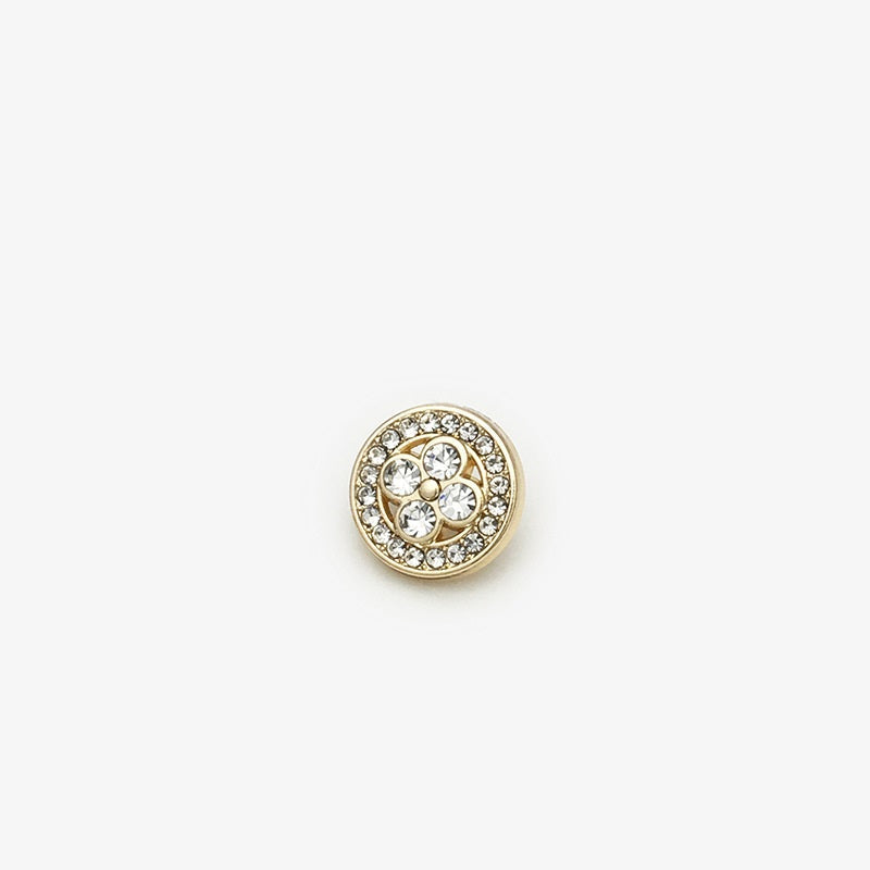 Goldfarbener Hemdknopf mit vierblättrigem Kleeblatt-Motiv, rund, mit Strass