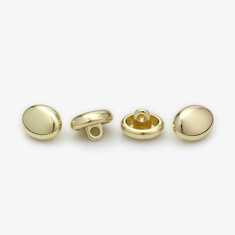 Glossy oval metal shirt buttons, gold; 11mm, hand-sewn, four views