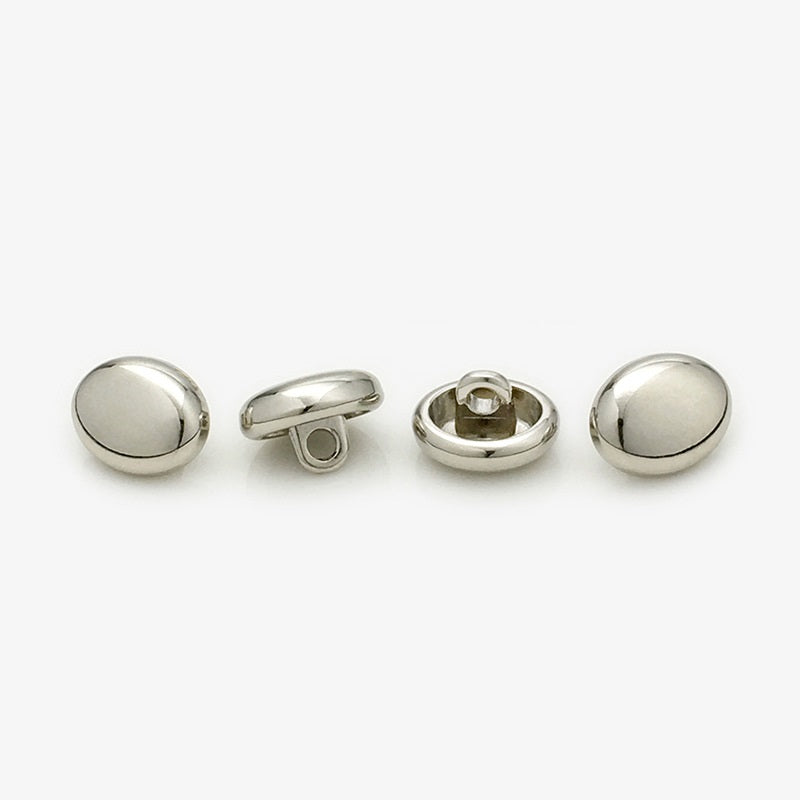 Glossy oval metal shirt buttons, gold; 11mm, hand-sewn, four views