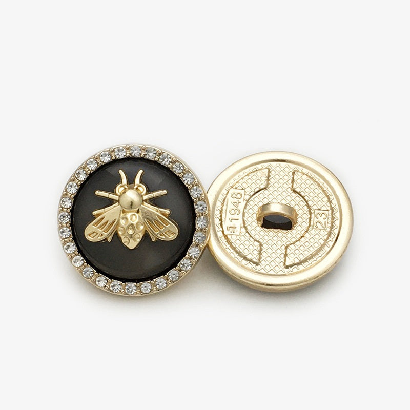 Bee coat button, beige two-tone resin, gold bee motif with rhinestone border