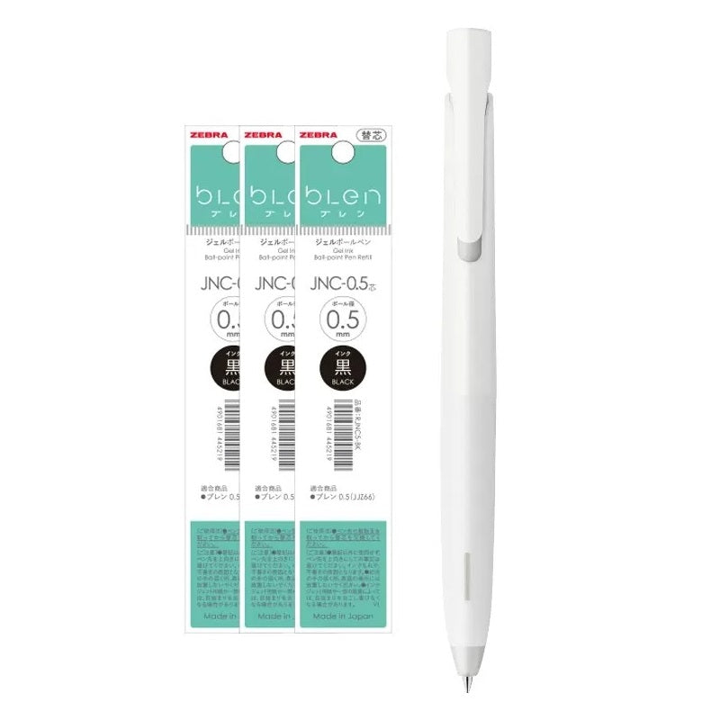 Zebra bLen Ballpoint Pen 0.5mm with 3 Gel Ink Refills White Body + Black Ink