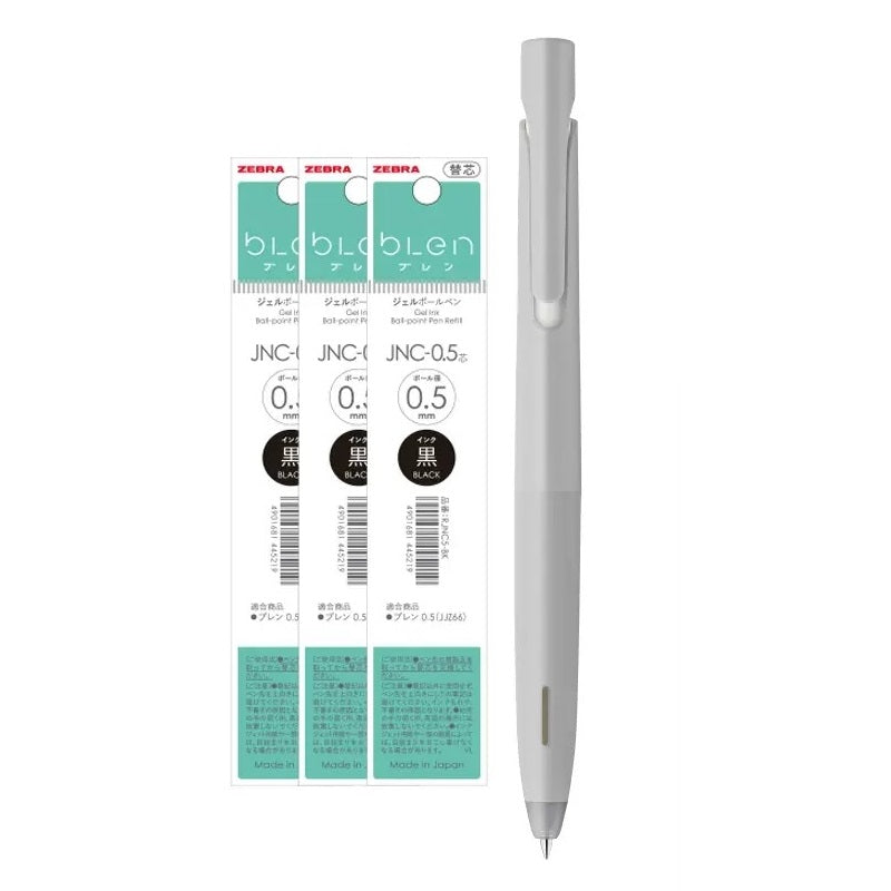 Zebra bLen Ballpoint Pen 0.5mm with 3 Gel Ink Refills Grey Body + Black Ink