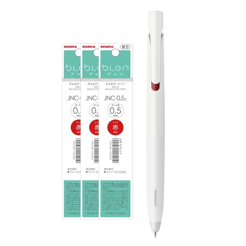 Zebra bLen Ballpoint Pen 0.5mm with 3 Gel Ink Refills White Body + Red Ink