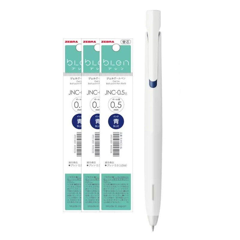 Zebra bLen Ballpoint Pen 0.5mm with 3 Gel Ink Refills White Body + Blue Ink
