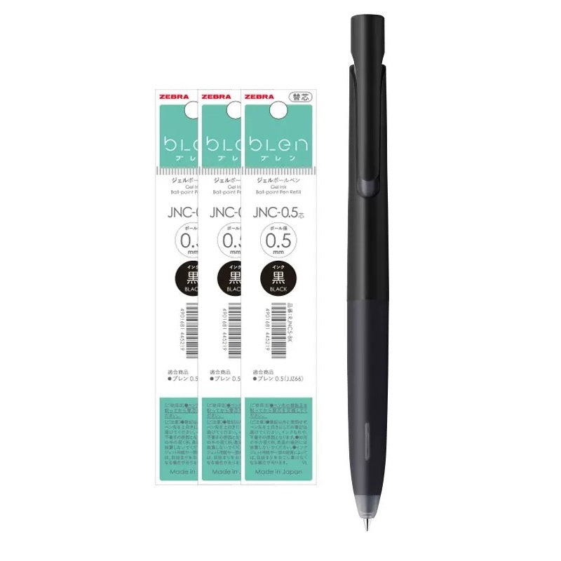 Zebra bLen Ballpoint Pen 0.5mm with 3 Gel Ink Refills Black Body + Black Ink