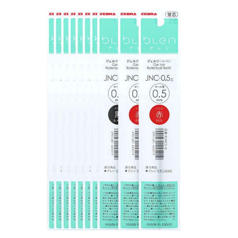 Zebra Blen JNC-0.5 Gel Pen Refill – 0.5mm - Black/Red/Blue - 10 Pack 8 Black + 2 Red