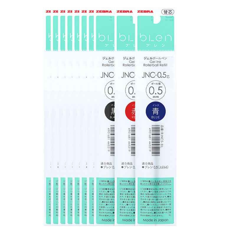 Zebra Blen JNC-0.5 Gel Pen Refill – 0.5mm - Black/Red/Blue - 10 Pack 8 Black + 1 Red + 1 Blue