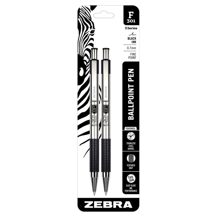 Zebra F-301 Retractable Ballpoint Pen,Fine Point,0.7mm,Black,2 Pack
