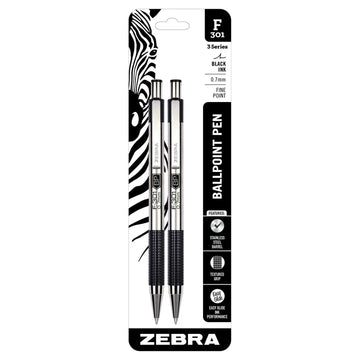 Zebra F-301 Retractable Ballpoint Pen,Fine Point,0.7mm,Black,2 Pack