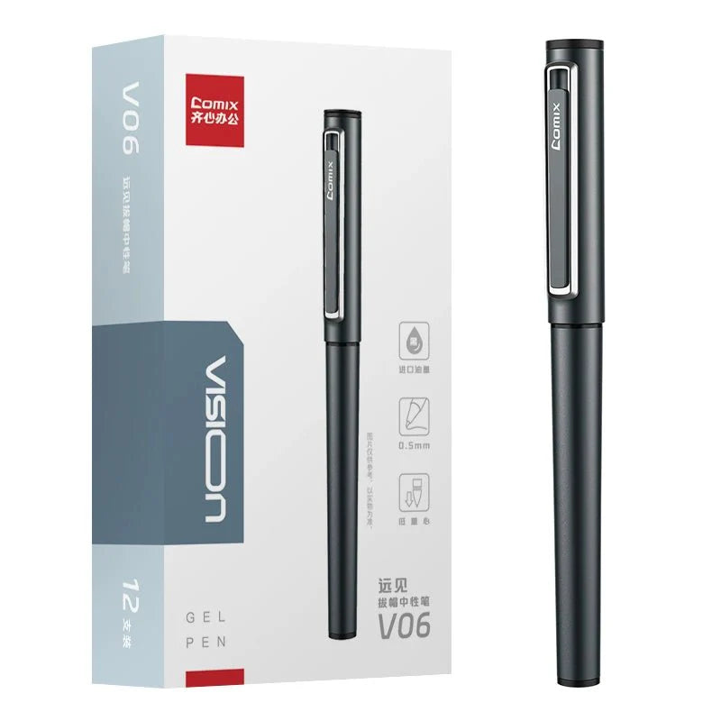 Comix Vision All-Metal Gel Ballpoint Pens 0.5/0.7mm Black Ink 12 Pack Black