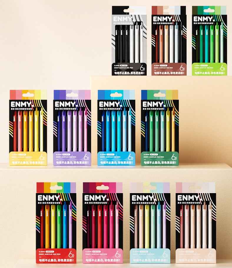 ENMY Rainbow Acrylic Ink Retractable Fineliner Pen Set – 0.7mm, 6 Colors