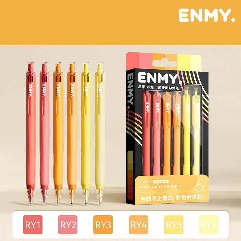 ENMY Rainbow Acrylic Ink Retractable Fineliner Pen Set – 0.7mm, 6 Colors Sunset Orange
